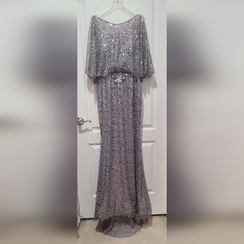 Nicole Batki Cape Top Siver Sequin Formal Maxi Gown Sz 10 NWT - Picture 6 of 14
